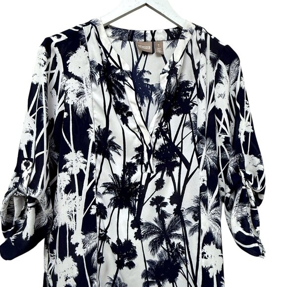 CHICO'S Palm Trees Blouse Navy Blue Medium (Chicos 1) 3/4 Sleeve Womens Top - Picture 3 of 9